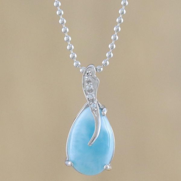 Alternate image for Drop-Shaped Larimar and CZ Pendant Necklace from Thailand Cradled Drop