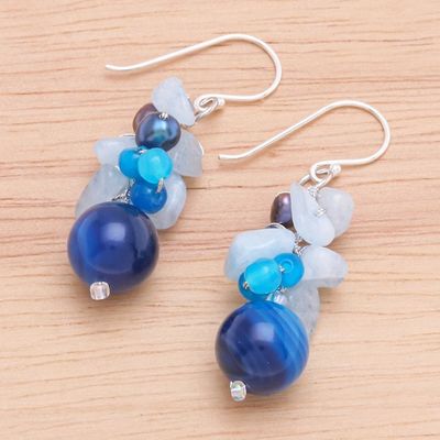 Alternate image for Unique Pearl and Aquamarine Cluster Earrings Blue Love
