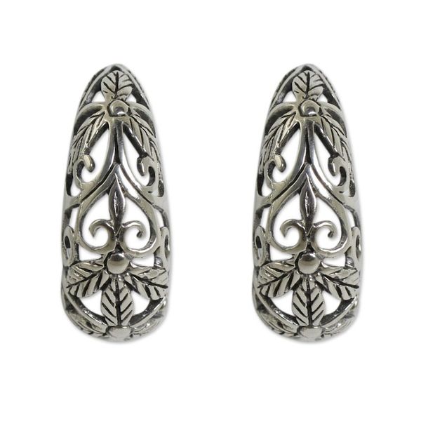 Alternate image for Artisan Crafted Openwork Sterling Silver Half Hoop Earrings Floral Fantasy