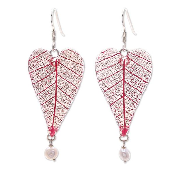 Alternate image for Cultured Pearl and Natural Leaf Dangle Earrings in Red Red Heart of Nature