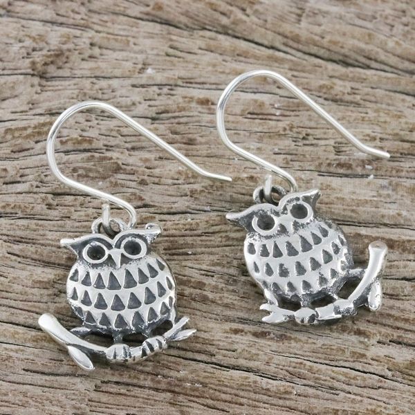 Alternate image for Sterling Silver Perched Owl Dangle Earrings from Thailand Chiang Mai Owl