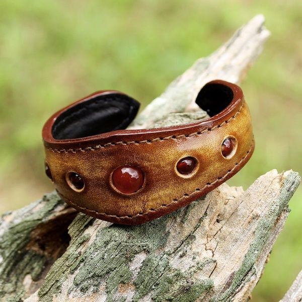 Alternate image for Carnelian Cuff Bracelet in Leather Handmade in Thailand Carnelian Power