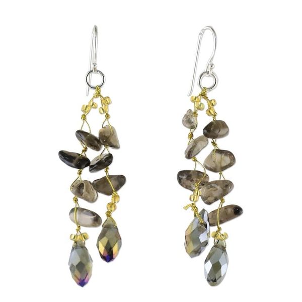 Alternate image for Smoky Quartz and Glass Bead Dangle Earrings from Thailand Crystalline Drops