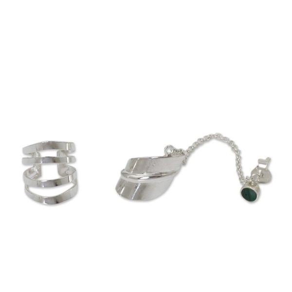 Alternate image for Sterling Silver Ear Cuffs with Chain in Green from Thailand Forest Whisper