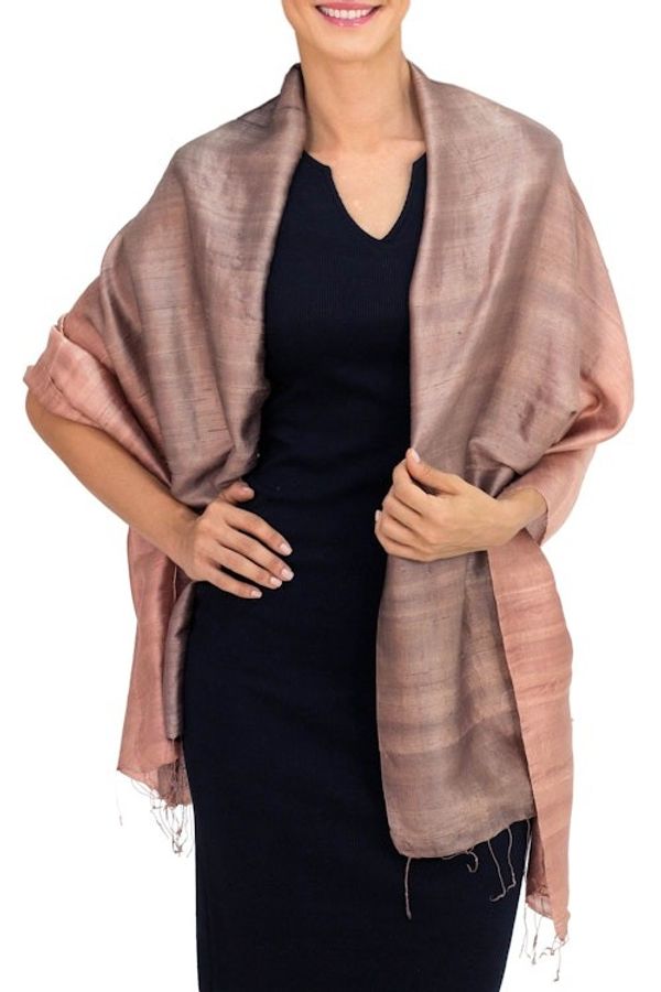 Alternate image for Brown Woven 100 Silk Shawl from Thailand Shimmering Cinnamon