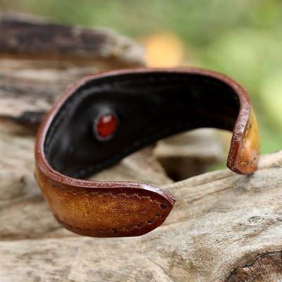 Alternate image for Carnelian Cuff Bracelet in Leather Handmade in Thailand Carnelian Power