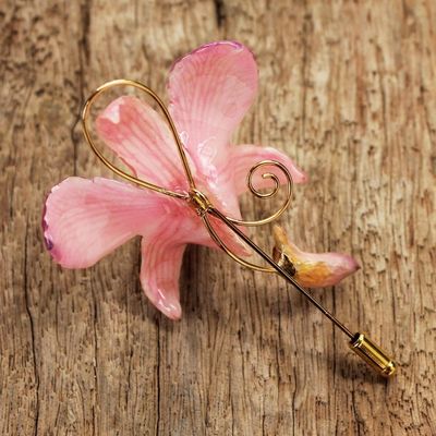 Alternate image for Unique Natural Flower Gold Plated Brooch Pin Eternal Orchid