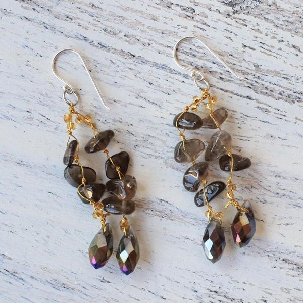 Alternate image for Smoky Quartz and Glass Bead Dangle Earrings from Thailand Crystalline Drops