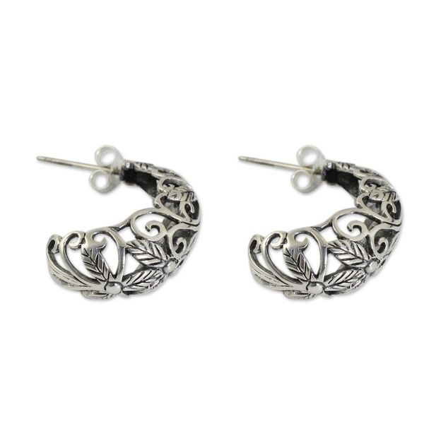 Alternate image for Artisan Crafted Openwork Sterling Silver Half Hoop Earrings Floral Fantasy