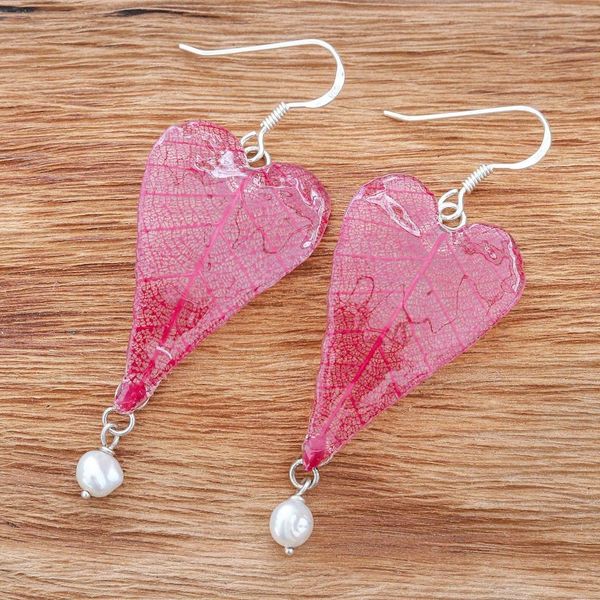 Alternate image for Cultured Pearl and Natural Leaf Dangle Earrings in Red Red Heart of Nature
