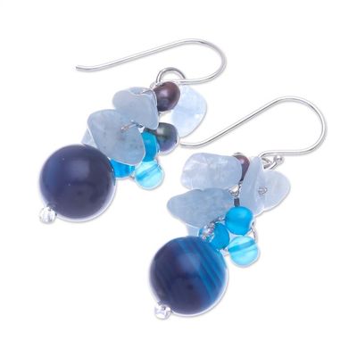 Alternate image for Unique Pearl and Aquamarine Cluster Earrings Blue Love
