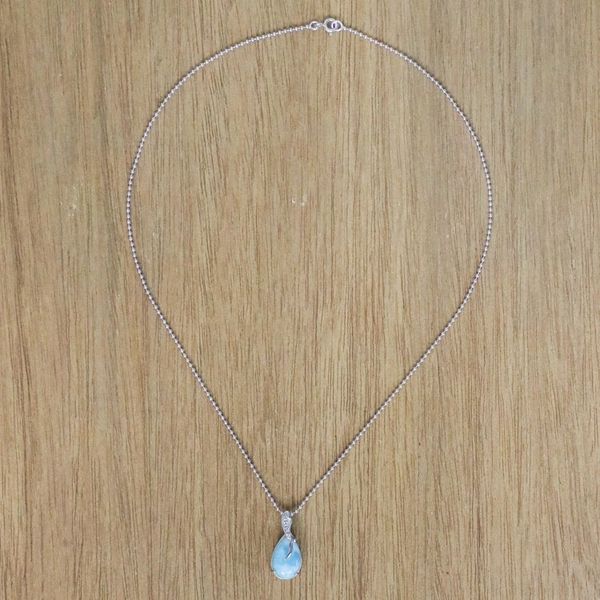 Alternate image for Drop-Shaped Larimar and CZ Pendant Necklace from Thailand Cradled Drop