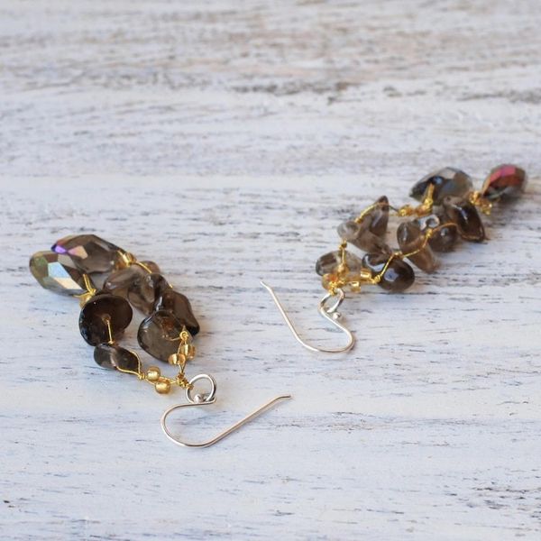 Alternate image for Smoky Quartz and Glass Bead Dangle Earrings from Thailand Crystalline Drops