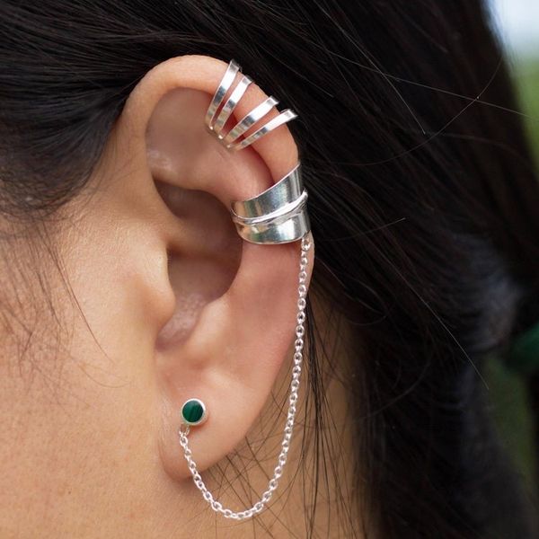 Alternate image for Sterling Silver Ear Cuffs with Chain in Green from Thailand Forest Whisper