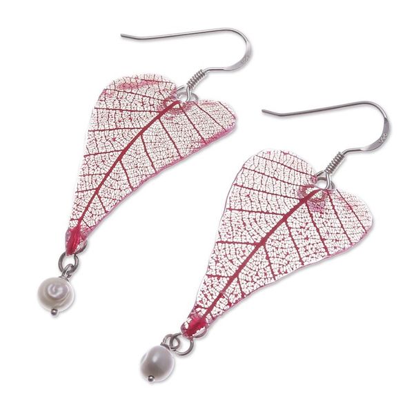Alternate image for Cultured Pearl and Natural Leaf Dangle Earrings in Red Red Heart of Nature