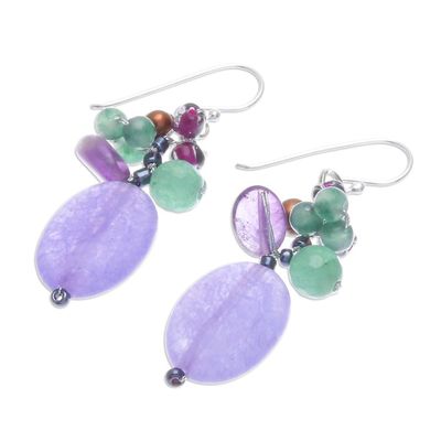 Alternate image for Cluster Dangle Earrings with Amethyst and Cultured Pearls Purple Spring