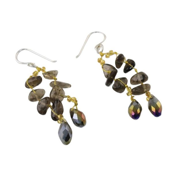 Alternate image for Smoky Quartz and Glass Bead Dangle Earrings from Thailand Crystalline Drops