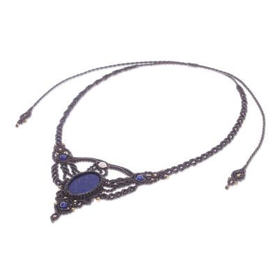 Alternate image for Hand Made Lapis Lazuli and Quartz Macrame Pendant Necklace Boho Sea