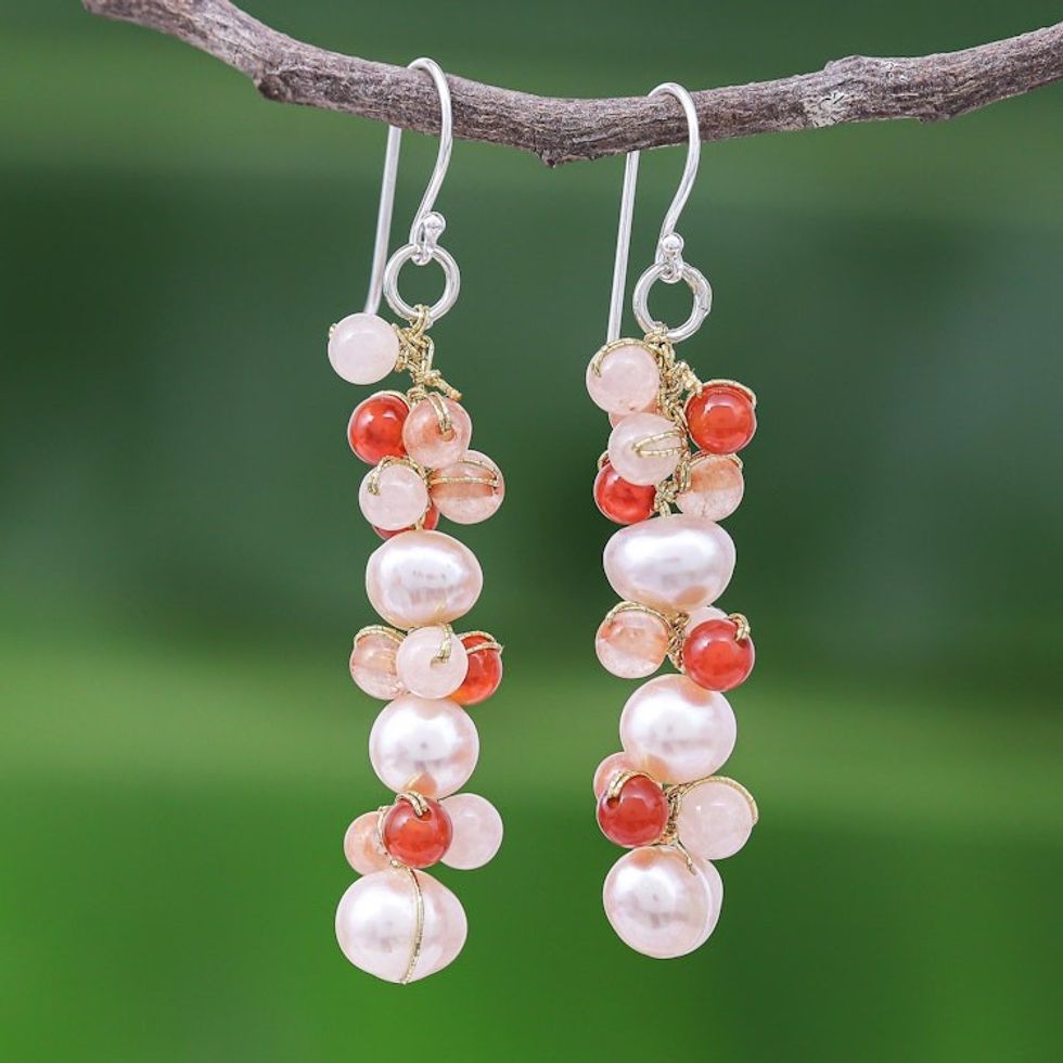 Cultured Freshwater Pearl Quartz Chalcedony Dangle Earrings 'Bellini Bubbles'