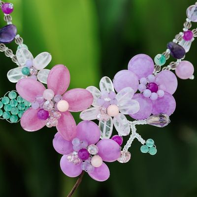 Alternate image for Floral Multi-Gemstone Beaded Statement Necklace Lavender Garden