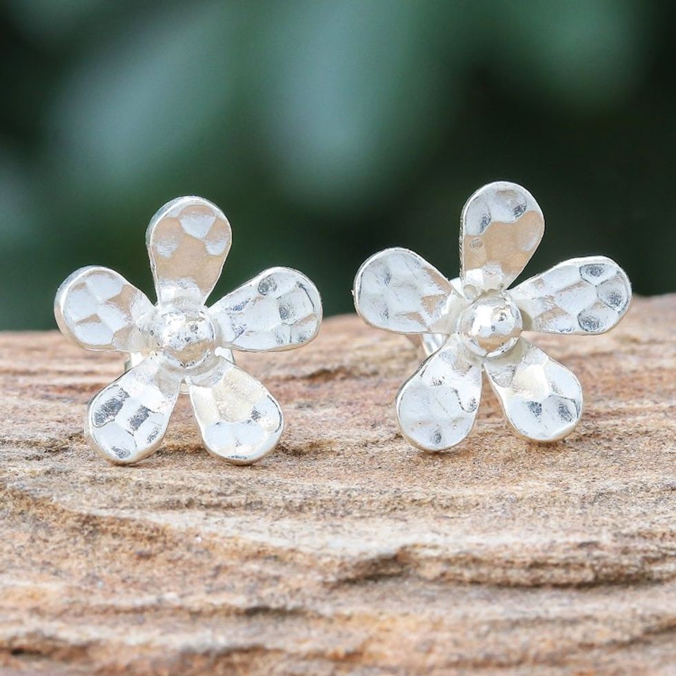 Hammered Sterling Silver Floral Button Earrings 'Hammered Flowers'