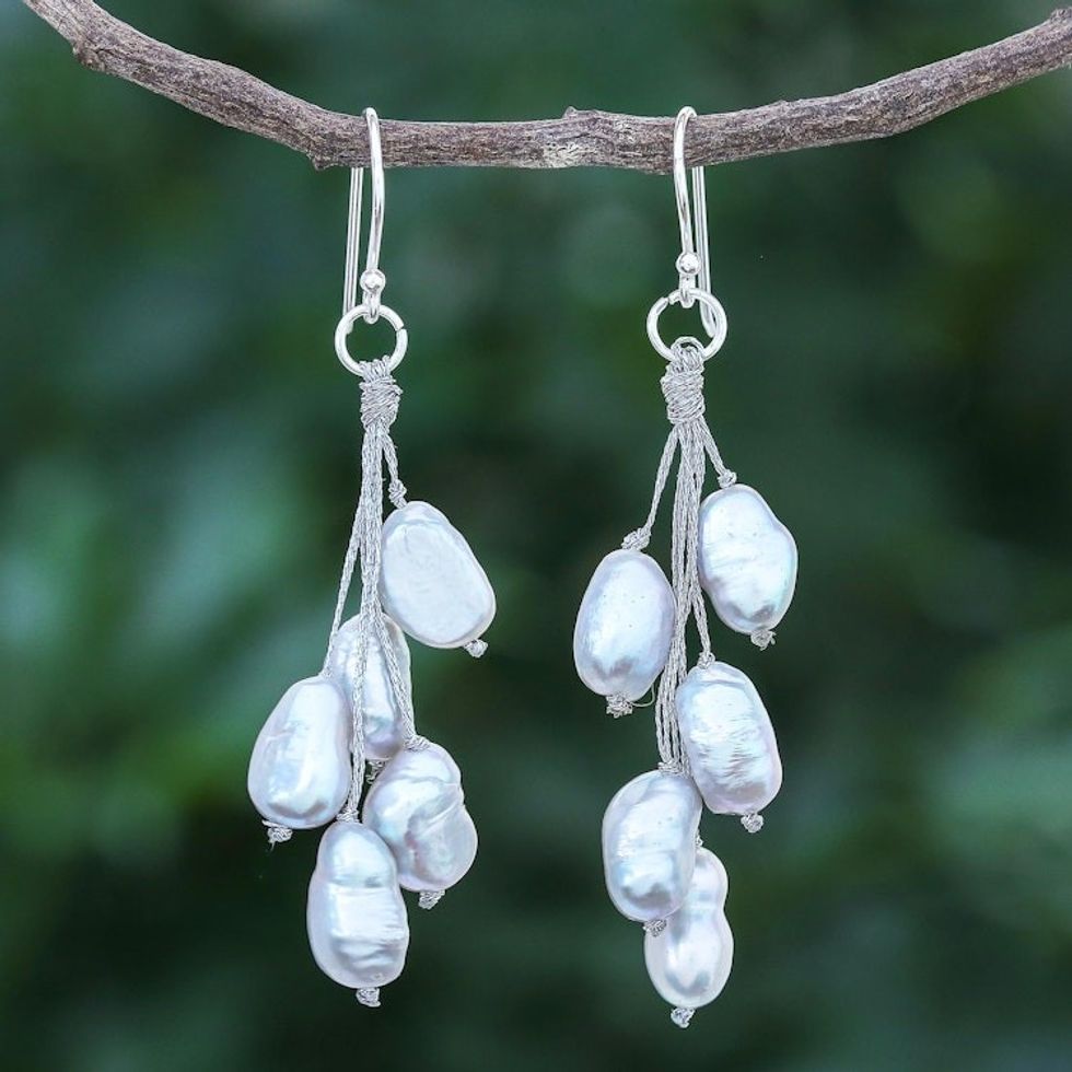 Hand Made Cultured Freshwater Pearl Dangle Earrings 'Mystic Pearl in Light Grey'