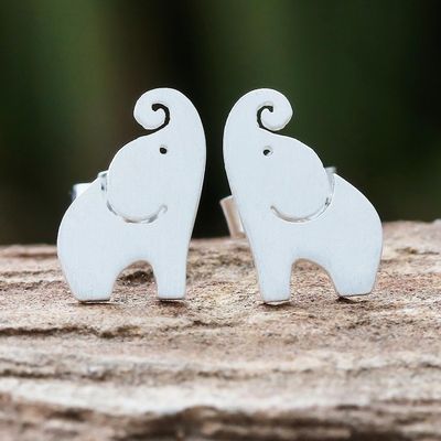 Alternate image for Brushed-Satin Sterling Silver Elephant Stud Earrings Singing Elephants