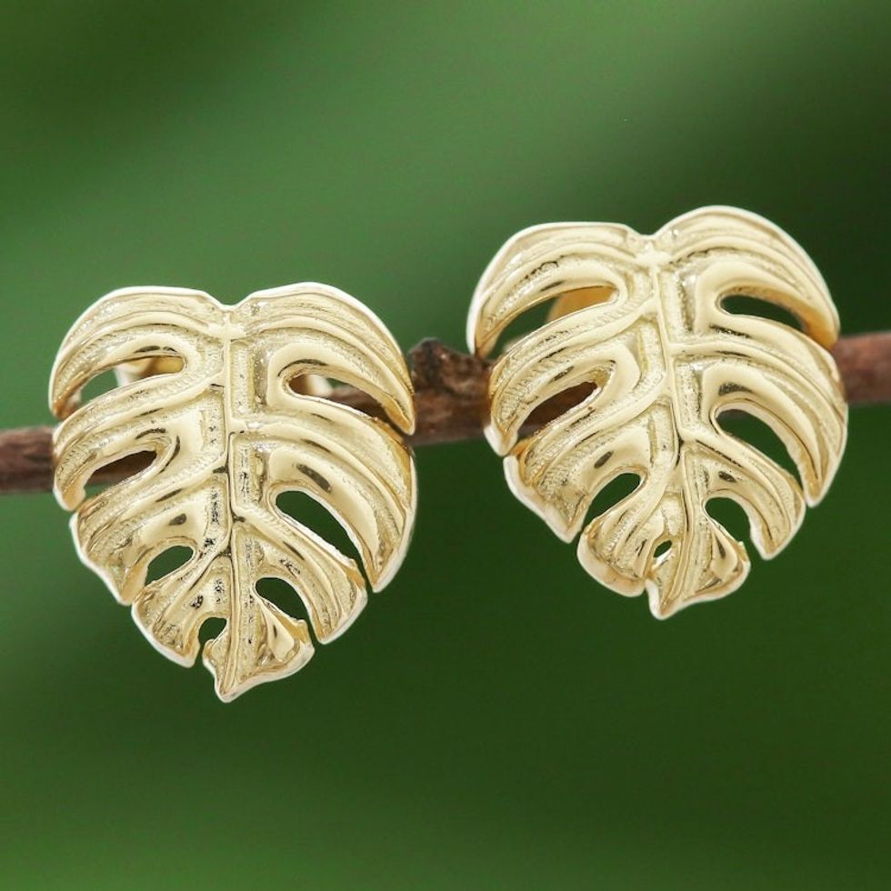 Handcrafted Thai 18k Gold Plated Leaf Stud Earrings 'Tropical Leaf'