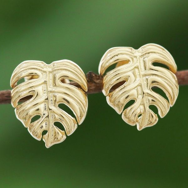 Alternate image for Handcrafted Thai 18k Gold Plated Leaf Stud Earrings Tropical Leaf
