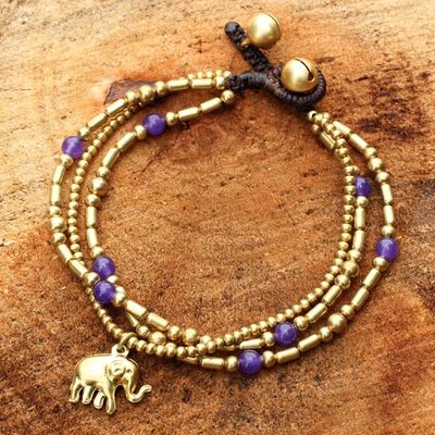 Alternate image for Brass Bracelet Purple-color Gems Beaded Jewelry Purple Elephant Charm