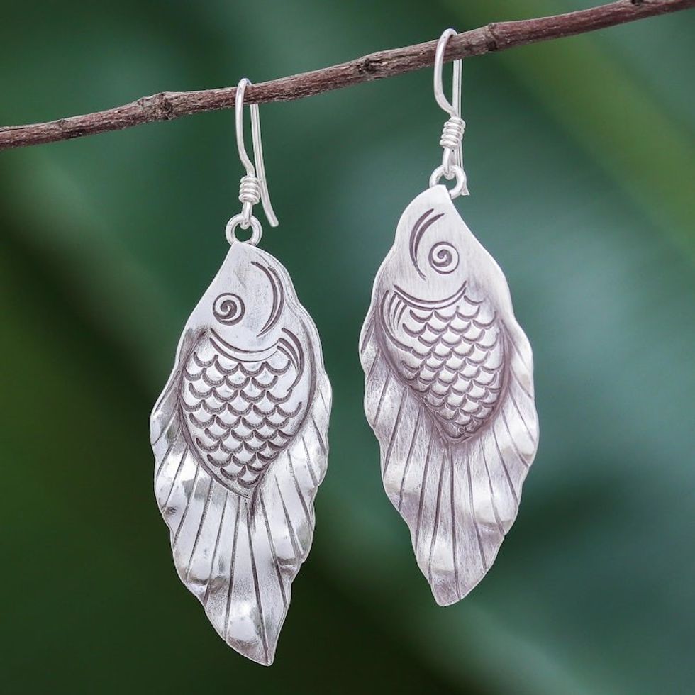 Thai Karen Hill Tribe Silver Koi Fish Dangle Earrings 'Hill Tribe Koi'