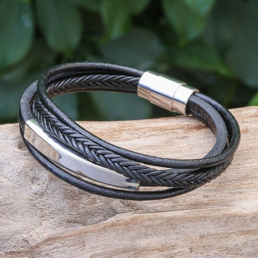 Leather Strand Bracelet in Black from Thailand 'Mighty Strength in Black'