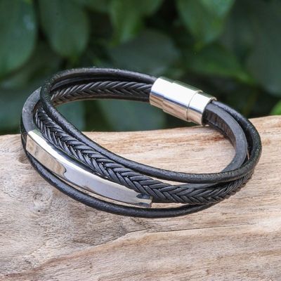Alternate image for Leather Strand Bracelet in Black from Thailand Mighty Strength in Black