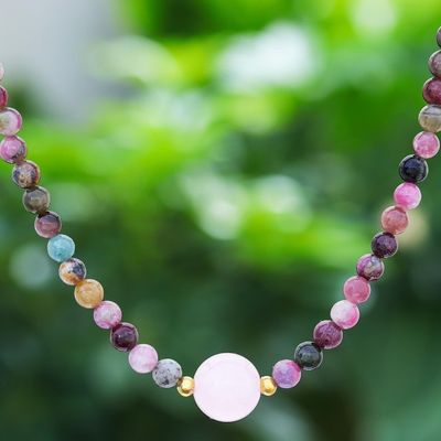 Alternate image for Hand Made Tourmaline and Rose Quartz Beaded Necklace Precious Orb in Rose