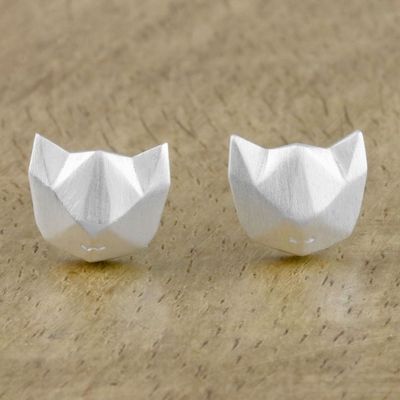 Alternate image for Geometric Cat Sterling Silver Stud Earrings from Thailand Cat Lover