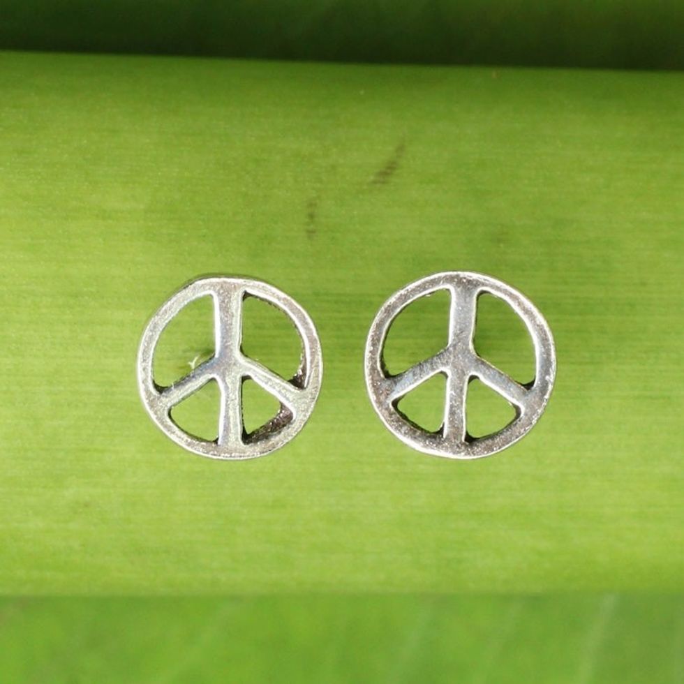 Sterling Silver Peace Symbol Stud Earrings from Thailand 'Peace Sign'