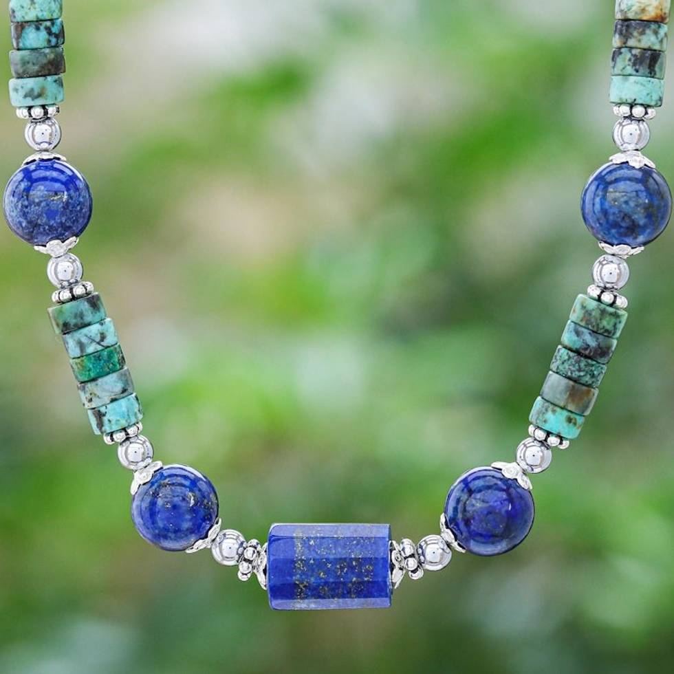 Handmade Lapis Lazuli and Hematite Pendant Necklace 'Earth Orbit'