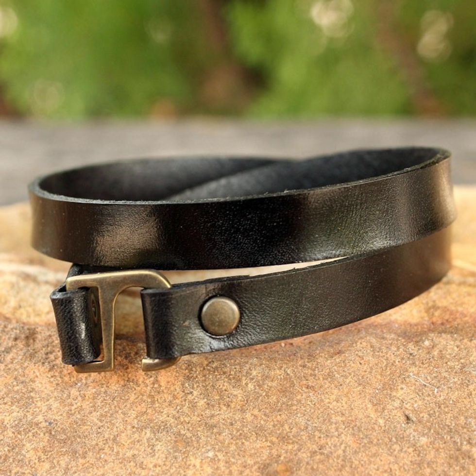 Men's Artisan Crafted Modern Leather Wrap Bracelet 'Enigma in Black'