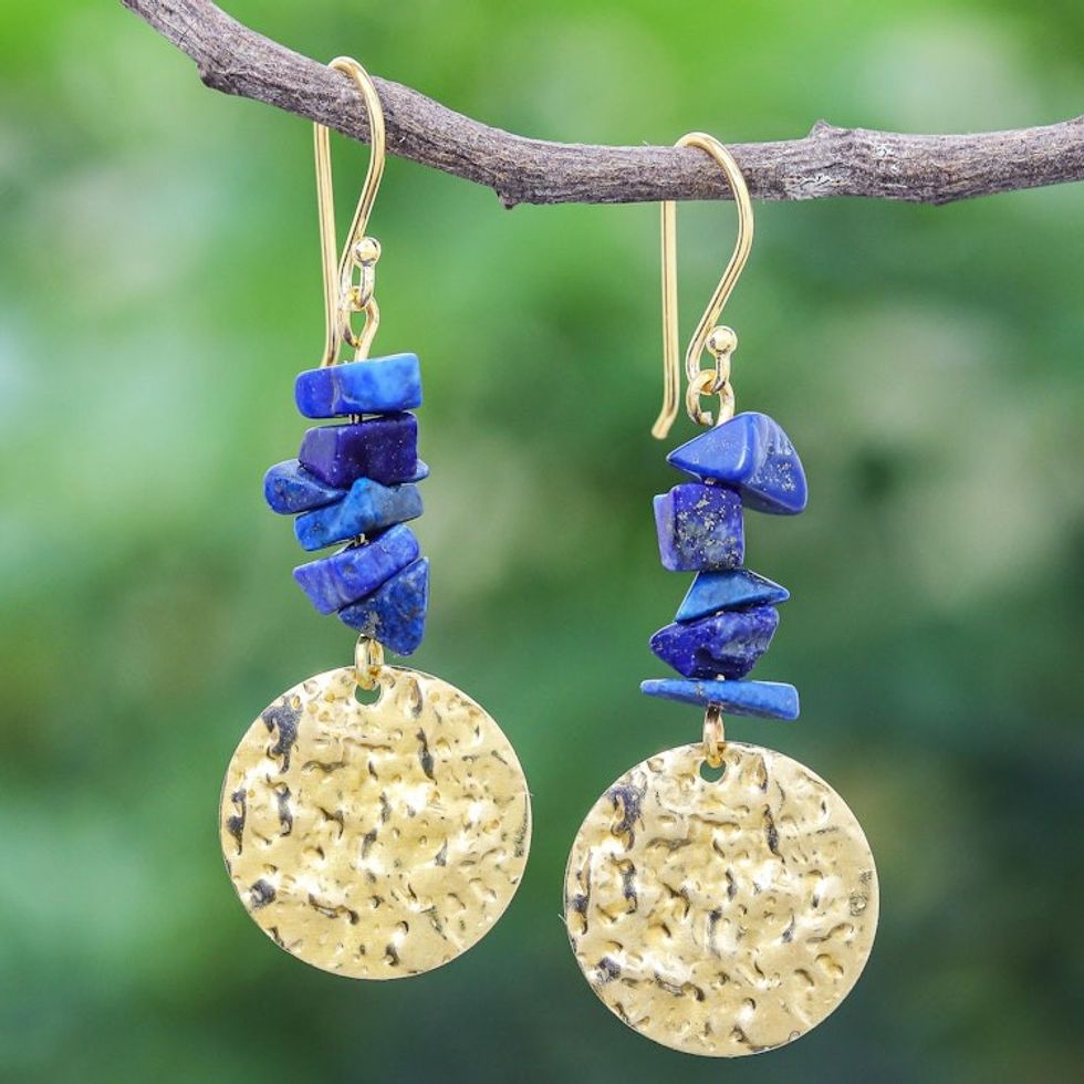 Handmade Lapis Lazuli Chip and Brass Coin Dangle Earrings 'Golden Coin in Blue'