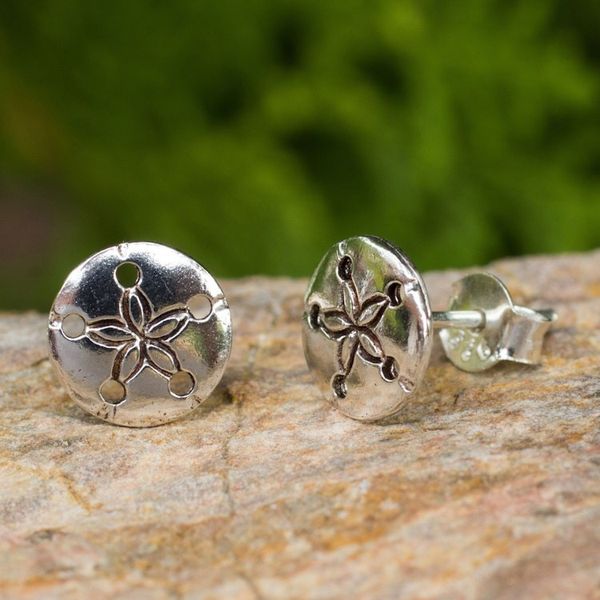 Alternate image for Hand Crafted Seashell Design Sterling Silver Button Earrings Sand Dollar