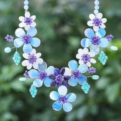 Alternate image for Hand Crafted Lapis Lazuli and Agate Statement Necklace Flower Bed in Blue