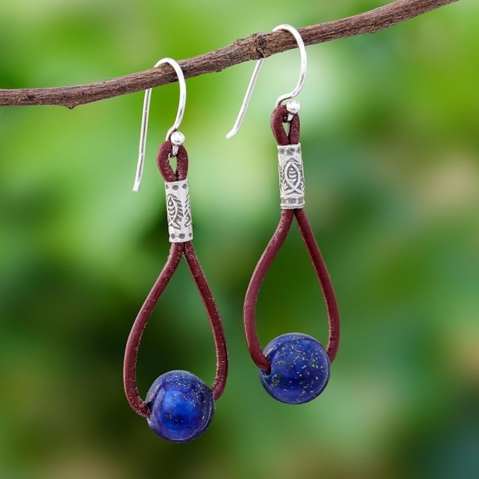 Lapis Lazuli and Karen Silver Dangle Earrings with Leather 'Spring Passion'