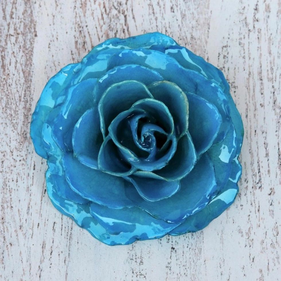 Artisan Crafted Natural Rose Brooch in Azure from Thailand 'Rosy Mood in Azure'