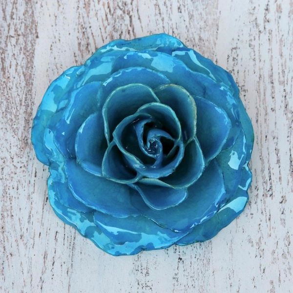 Alternate image for Artisan Crafted Natural Rose Brooch in Azure from Thailand Rosy Mood in Azure