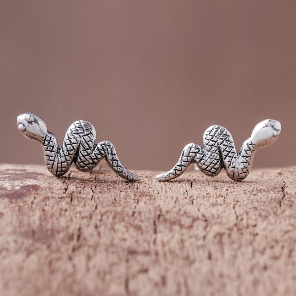 Sterling Silver Snake Button Earrings from Thailand 'Cute Snakes'