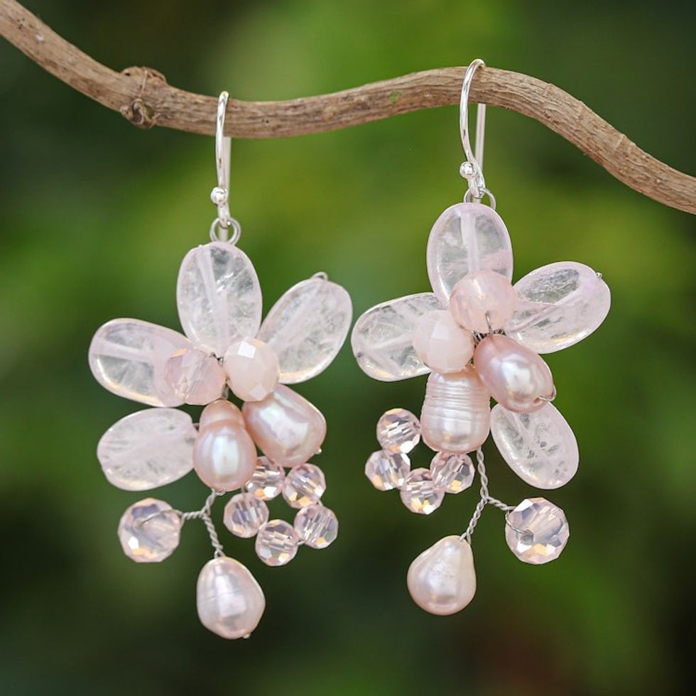 Rose Quartz and Cultured Pearl Dangle Earrings from Thailand 'Elegant Flora'