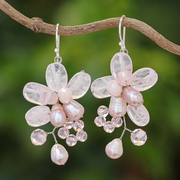 Alternate image for Rose Quartz and Cultured Pearl Dangle Earrings from Thailand Elegant Flora