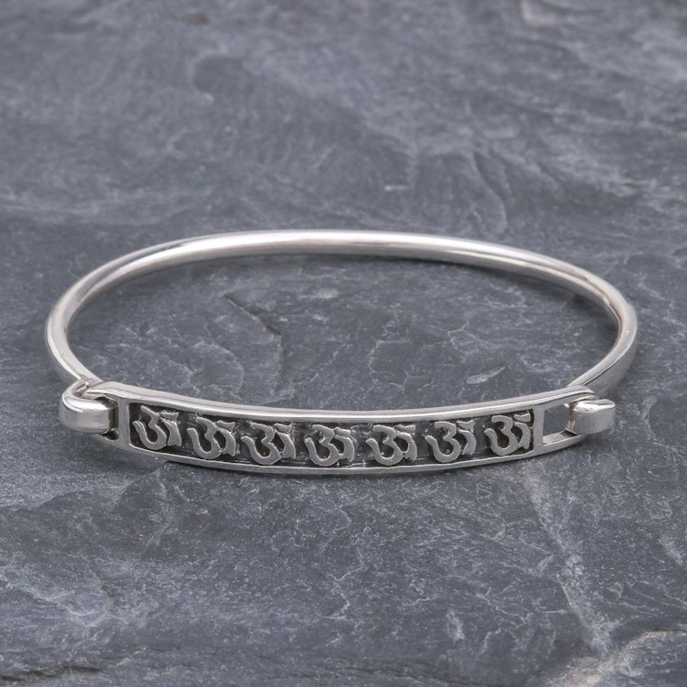 Thai Om Symbol Sterling Silver Bangle Bracelet 'Seven Mantras'