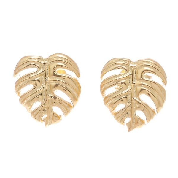 Alternate image for Handcrafted Thai 18k Gold Plated Leaf Stud Earrings Tropical Leaf