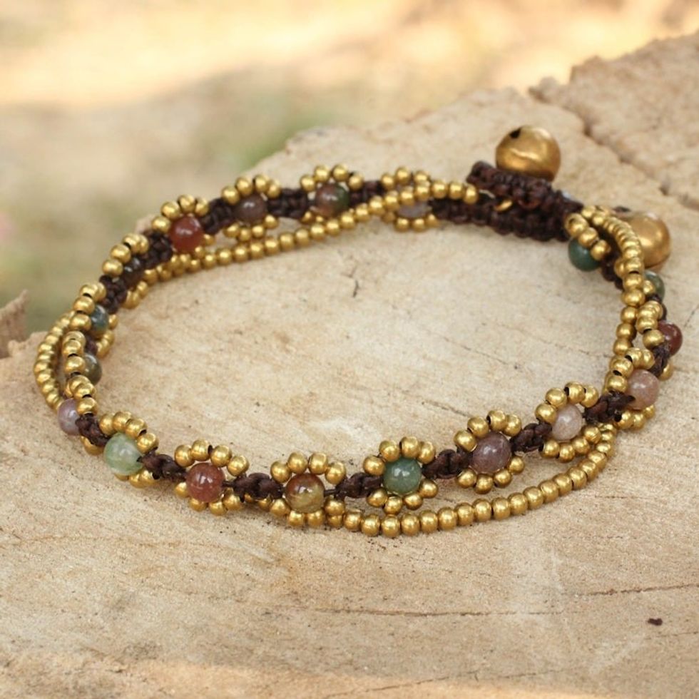 Hand Knotted Jasper Beaded Bracelet with Brass Bell 'Festive Day'